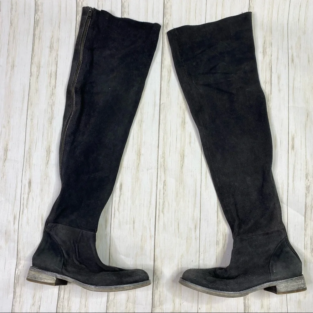 Free People Carlisle Black Suede Distressed Over The Knee Boots